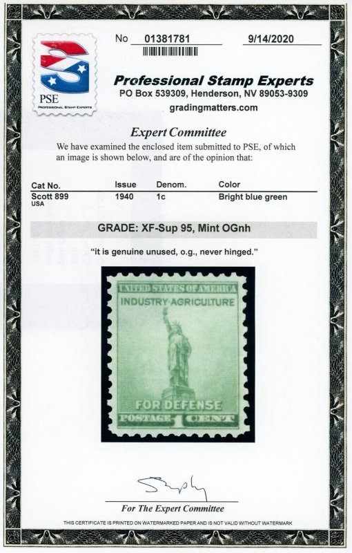 US Stamp #899 National Defense 1c, PSE Cert XF-SUP 95 - Mint OGNH - SMQ $50.00