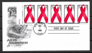 1993 #2806b Aids Awareness booklet pane of 5  FDC