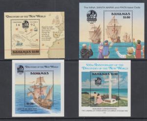 Bahamas Sc 644/753 MNH. 1988-1992 Discovery of America Souvenir Sheets, 4 diff