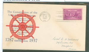 US 798 1937 3c signing of the US Constitution (single) on an addressed (typed) FDC with an unknown cachet.