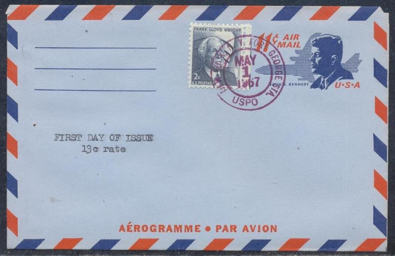 United States aerogramme UC38 uprated FDC 1967