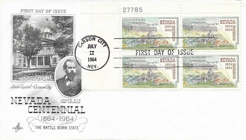 1964 FDC, #1248, 5c Nevada Statehood, Art Craft, plate block of 4