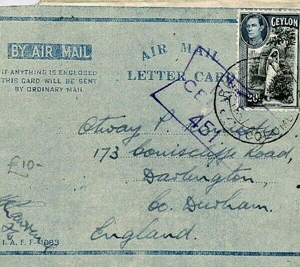 CEYLON Cover GB FORCES Air-Letter CENSOR 1944 WW2 {samwells-covers} CW50