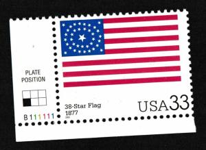 US 3403q The Stars and Stripes 38-Star Flag 1877 33c plate single LL MNH 2000