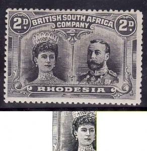 Rhodesia-Sc#103-unused hinged 2p grey & blk-KGV & Queen Mary-variety Gash in ri