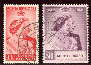 North Borneo 1948 KGVI Silver Wedding set complete VFU. SG 350-351. Sc 238-239.