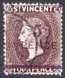 St Vincent 1892 5d on 4d Lake Brown Scott 58 SG 59 VFU Cat $55