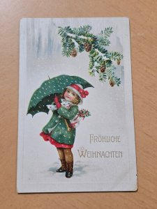 WWI German Feldpost Christmas Postcard Fröhliche Weihnachten Child Umbrella 1915