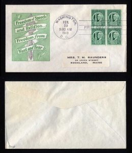 # 908 Block of 4 First Day Cover addressed with Ioor cachet dated 2-12-1943 - #1