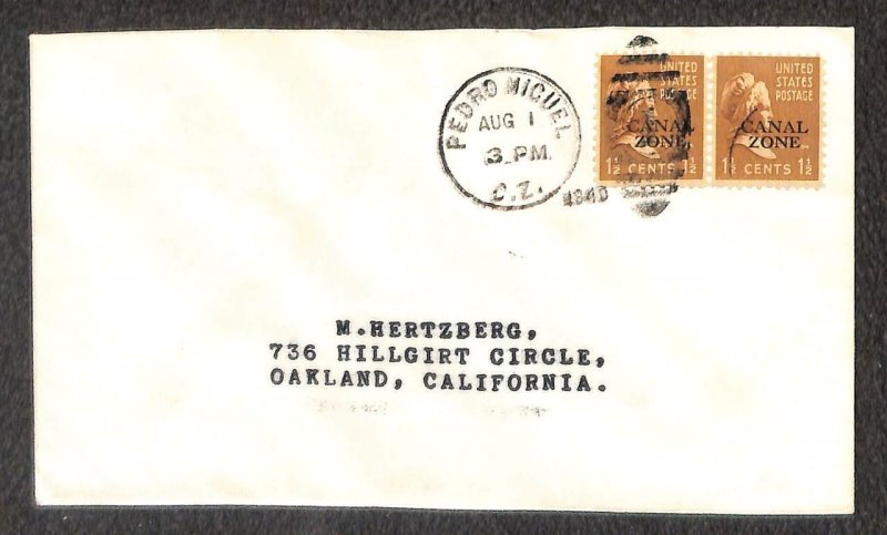 CANAL ZONE 119 (x2) PREXY STAMPS PEDRO MIGUEL TO OAKLAND CALIFORNIA COVER 1940