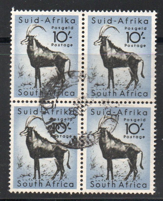 South Africa Sc 213 1954 10/ Sable Antelope stamp used block of 4