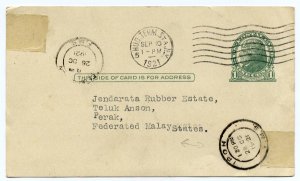 1c Postal Card Scott Cat. #U27 used to Perak, Malay States, 1921