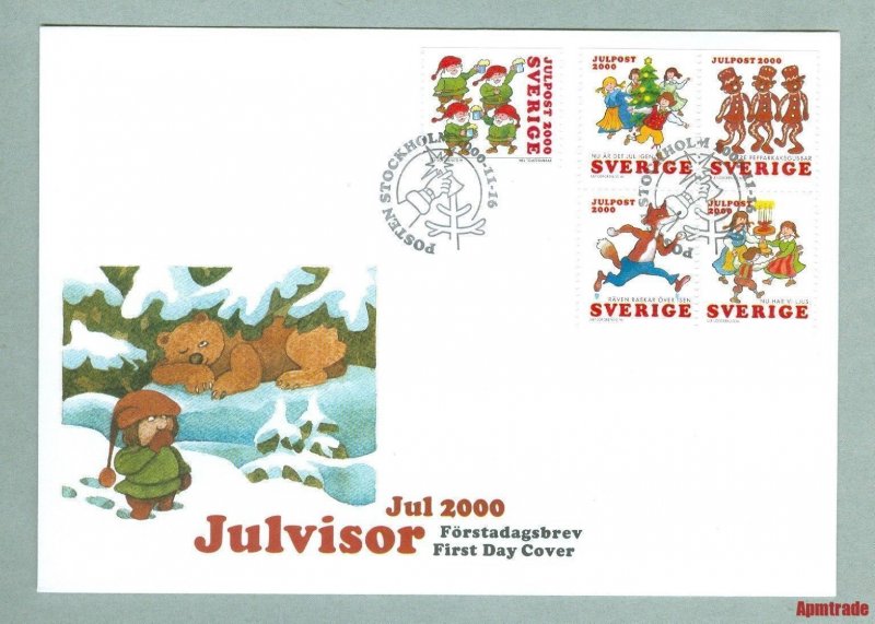 Sweden.  FDC 2000 Christmas Stamps.  Christmas  Songs. Santa,Bear,Fox.