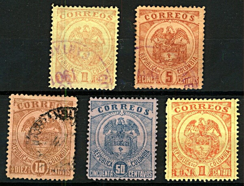 Colombia 1898 National Arms 1c to 50c sg171/4 (5v) Mint & FU Stamps