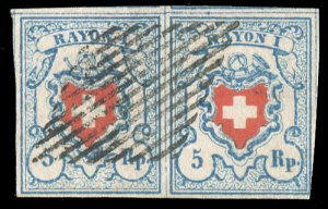 Switzerland #7 Cat$1,150, 1850 5rp light blue, red & black, horizontal pair, ...