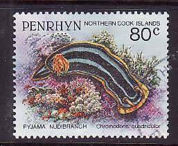 Penrhyn-Sc#420- id10-used 80c Marine Life-Pyjama Nudibranch-1992-