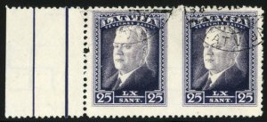 Latvia #188, 1937 25s black violet, left margin horizontal pair imperf. betwe...