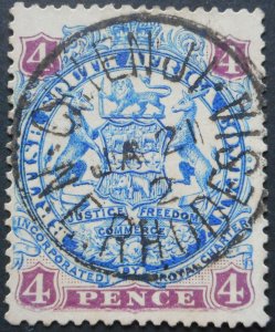 Rhodesia 1896 Four Pence with CHIENJI single digit for year (SC) postmark