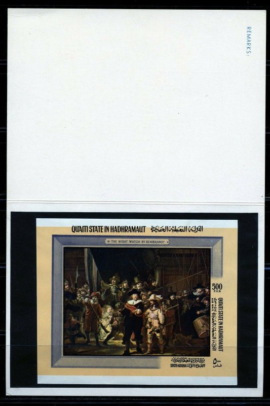 SOUTH ARABIA REMBRANDT  PROOF IMPERF SOUVENIR SHEET IN KULTURA  FOLDER MINT