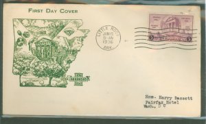 US 782 (1936) Arkansas Centennial on an addressed (typed) FDC with a Eagle & Raley cachet