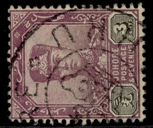 MALAYSIA - Johore GV SG80a, 3c dull purple & olive-black, FINE USED. Cat £19.