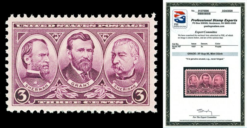 Scott 787 1937 3c Army Issue Mint Graded XF-Sup 95 NH with PSE CERTIFICATE