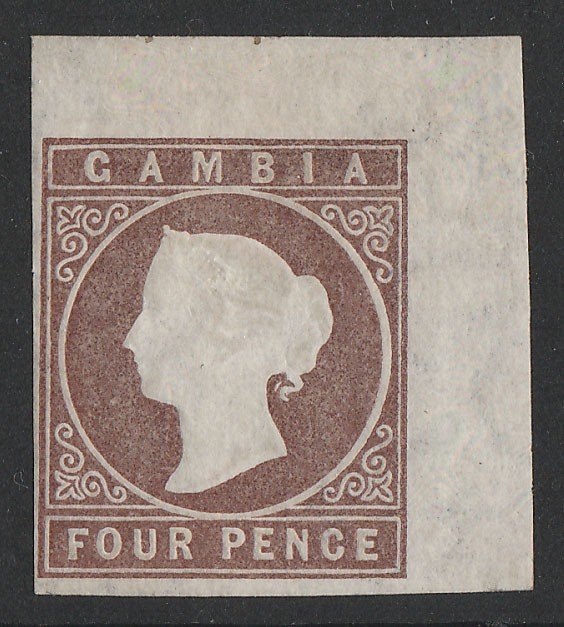 GAMBIA : 1874 QV Cameo 4d pale brown imperf, wmk Crown CC. with CERTIFICATE.