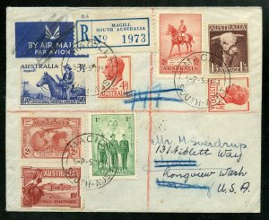 Australia 1953 Registered airmail Magill to Longview Wa.  Variety of Commemorati