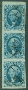 EDW1949SELL : USA 1873 Scott #R7a Strip of 3. Used. Small hole in center.