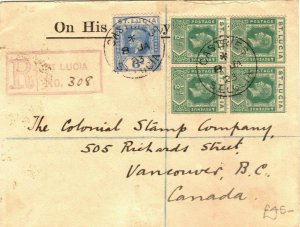 ST LUCIA Cover Registered ½d Block{4} CANADA Vancouver Philately 1923 PB302