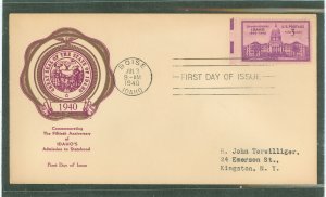 US 896 1940 3c Idaho/50th anniversary of statehood on an addressed first day cover with a rice cachet.