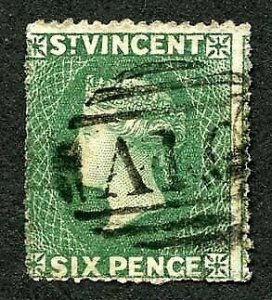 St Vincent SG4 1862 6d Deep Green No Wmk Rough Perf 14 to 16