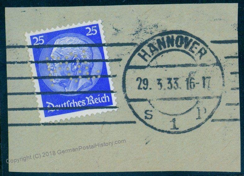 Germany Hindenburg Hannover POL Lochung Police Perfin Official Used 94100