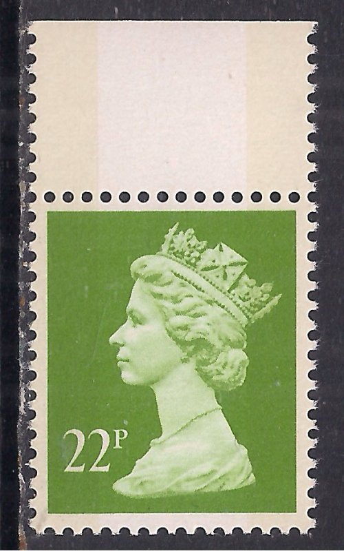 GB 1988 QE2 22p Yellow Green Machin Umm 2 band Litho Ex DX 9 SG X1015 ( L229 )