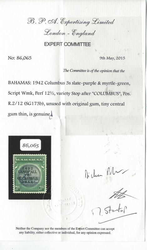 BAHAMAS (P2505B) KGVI 3/- COLUMBUS WITH STOP MNH. BPA CERT UNKINDLY SAYS SMALL T