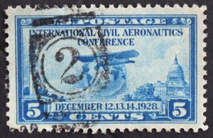 U.S. Used #650 5c Aeronautics, Superb Jumbo. Lovely 1928 2 Duplex Cancel. Gem!