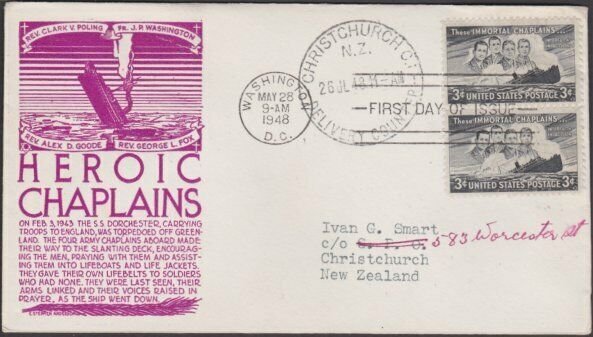 USA 1948 HEROIC CHAPLAINS - C Stephen Anderson FDC to New Zealand...........M482 