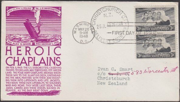 USA 1948 HEROIC CHAPLAINS - C Stephen Anderson FDC to New Zealand...........M482