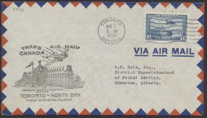 1939 Toronto to North Bay Flight Cover MAR 1 to RW Hale #3903o