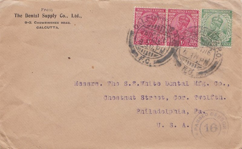 India 1/2a and 1a (2) KGV 1916 Calcutta G.P.O., F.C. to Philadelphia, Penn. C...