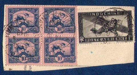 INDO-CHINA Sc 158a Block of 4 and Sc C14 Airplane (1941) Used on a Cut Corner