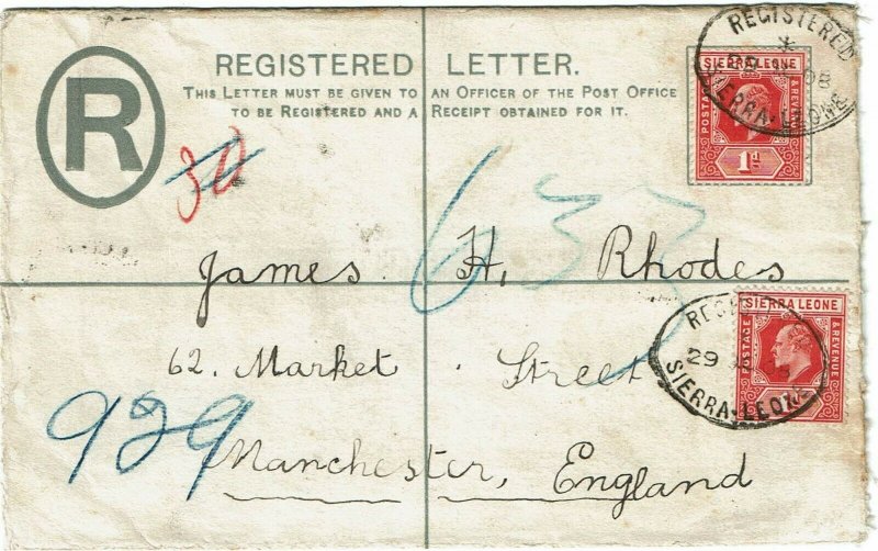 Sierra Leone 1908 oval cancel on registry envelope to England