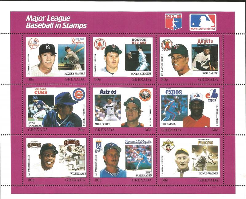 J) 2017 GRENADA,  MAJOR LEAGUE BASEBALL IN STAMPS, ROBERTO CLEMENTE, CAL RIPKEN,