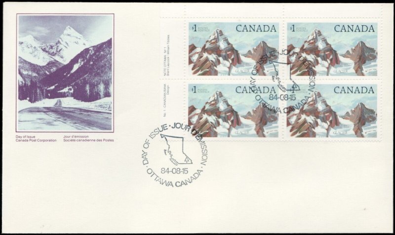 1984 / OFDC - Canada #934 UL Pl Bl - $1 National Glacier Park Definitive cv$10