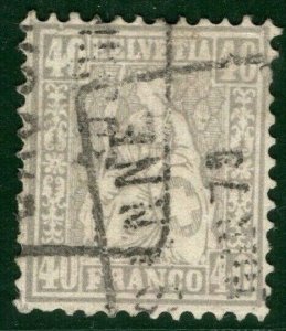 SWITZERLAND Helvetia Scott.58 40c Grey 1879 Postmark Used Cat $170- 3RGREEN150