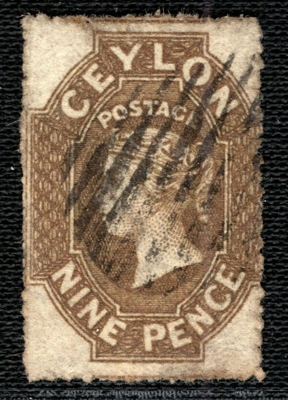 CEYLON QV Stamp SG.33b 9d Olive-Sepia (1861-64) ROUGH PERF Used Cat £85 RBLUE83