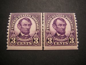 Scott 600, 3 cent Lincoln, Line Pair, MLH Early Coil Beauty