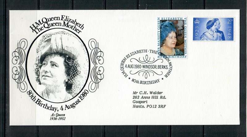 G.B 1980 COMEMMORATIVE COVER, QUEEN MUM 80th BDAY WITH 1948 SILVER WEDDING STAMP