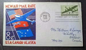 1944 USA Airmail First Day Cover FDC Washington DC to Whitby Ontario Canada