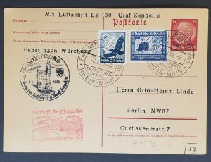 1939 Germany LZ 130 Graf Zeppelin II Wurzburg Flight Postcard Air Mail Cover